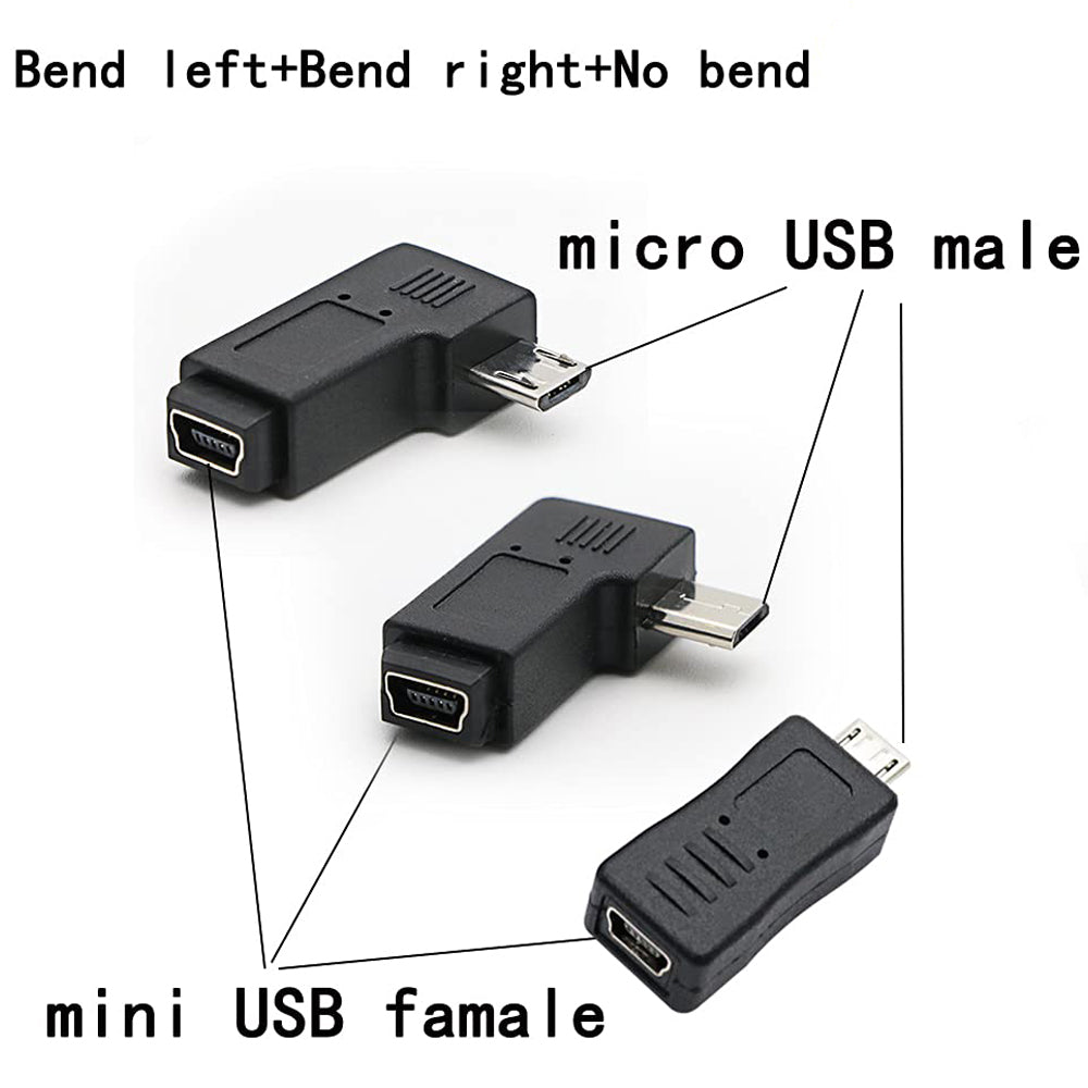 Micro USB Male to Mini USB Female Adapter Connector (Straight / Left-Angle / Right-Angle) for Charging and Data Sync