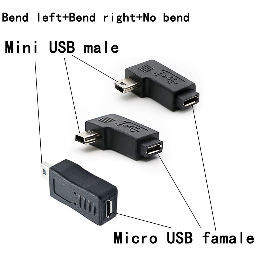 Mini USB Male to Micro USB Female Adapter Connector (Straight / Left-Angle / Right-Angle) for Charging and Data Sync