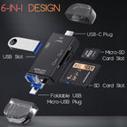 6 in 1 USB C SD Card Reader OTG Adapter Type C USB A Micro USB 3 Plugs Micro SD TF with USB Port for iPhone 16 15 Samsung Galaxy iPad MacBook Android PC Laptop