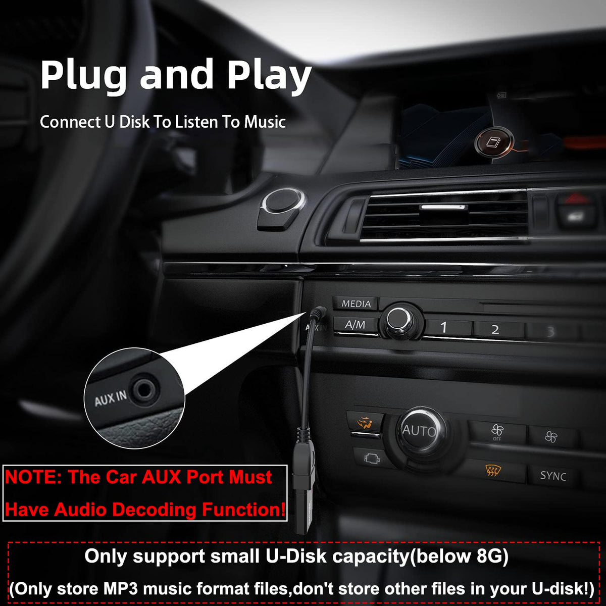 3.5mm AUX to USB Adapter Cable – Play USB Flash Drive Music in Car (Requires AUX Decode Function)