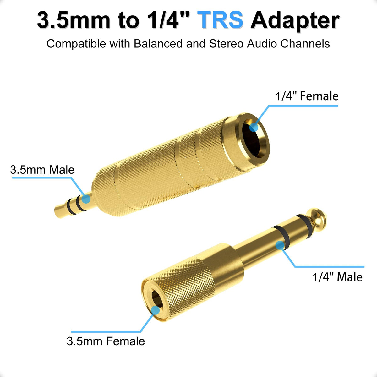 3.5mm 6.35mm Audio Adapter Set 4 Pack Gold Plated 1/8 Inch to 1/4 Inch TRS Stereo Converter for Headphones Amplifiers Mixers