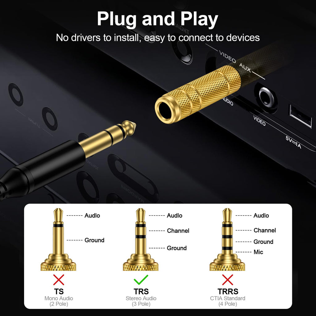 3.5mm Male to 6.35mm Female Stereo Audio Adapter Gold Plated 1/8 Inch to 1/4 Inch TRS Headphone Jack Converter