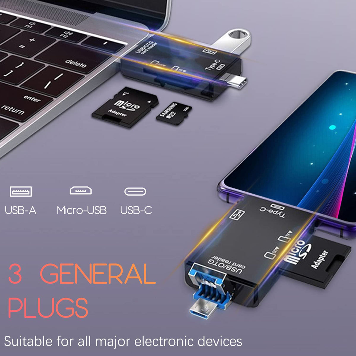 6 in 1 USB C SD Card Reader OTG Adapter Type C USB A Micro USB 3 Plugs Micro SD TF with USB Port for iPhone 16 15 Samsung Galaxy iPad MacBook Android PC Laptop