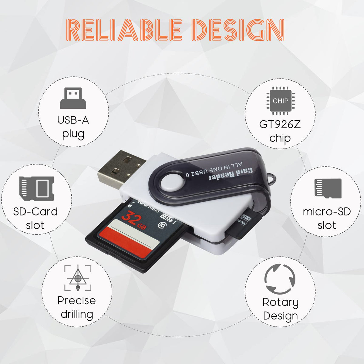 USB SD Card Reader 4 in 1 All in One Memory Card Adapter TF SD M2 MS with 360 Rotatable Swivel Cap for PC Laptop Desktop Camera Dash Cam