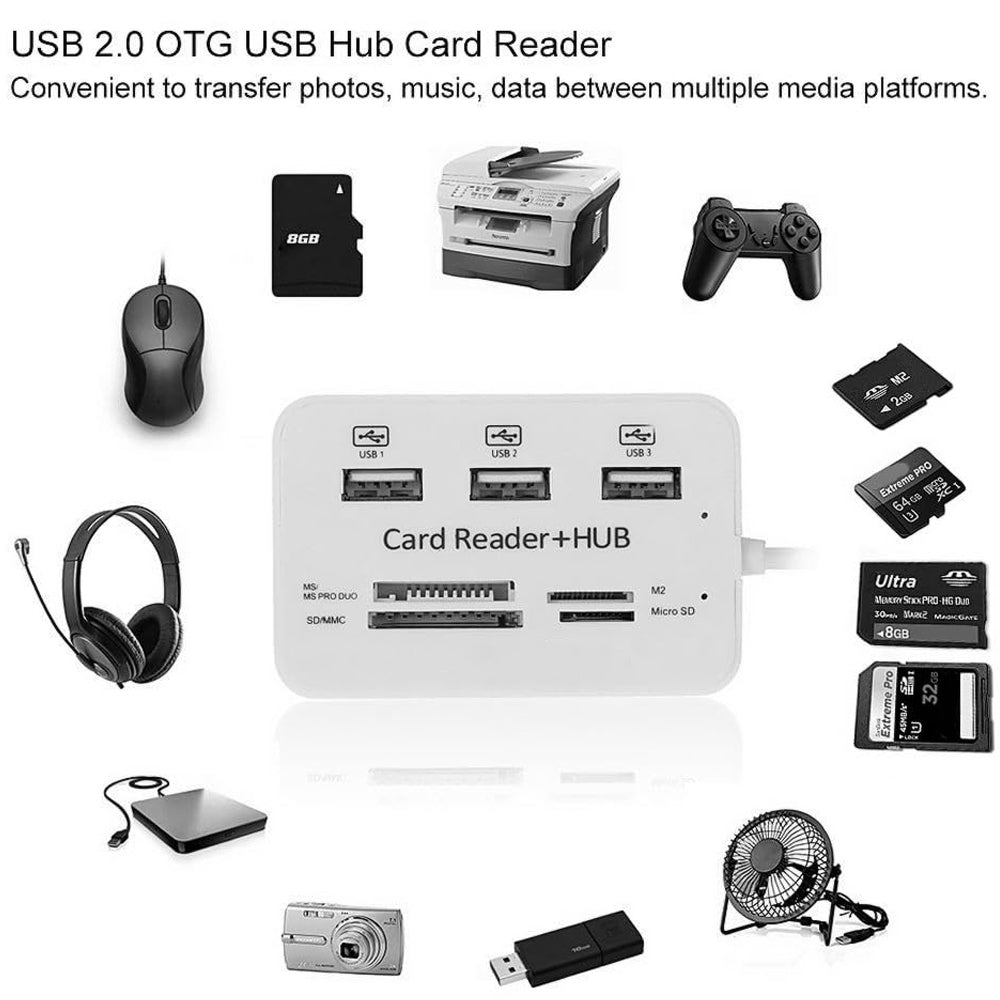 3 Port USB Hub and Multi Card Reader Combo External USB 2.0 Splitter SD TF Micro SD MS M2 Memory Card Adapter for PC Laptop Desktop Mac Windows