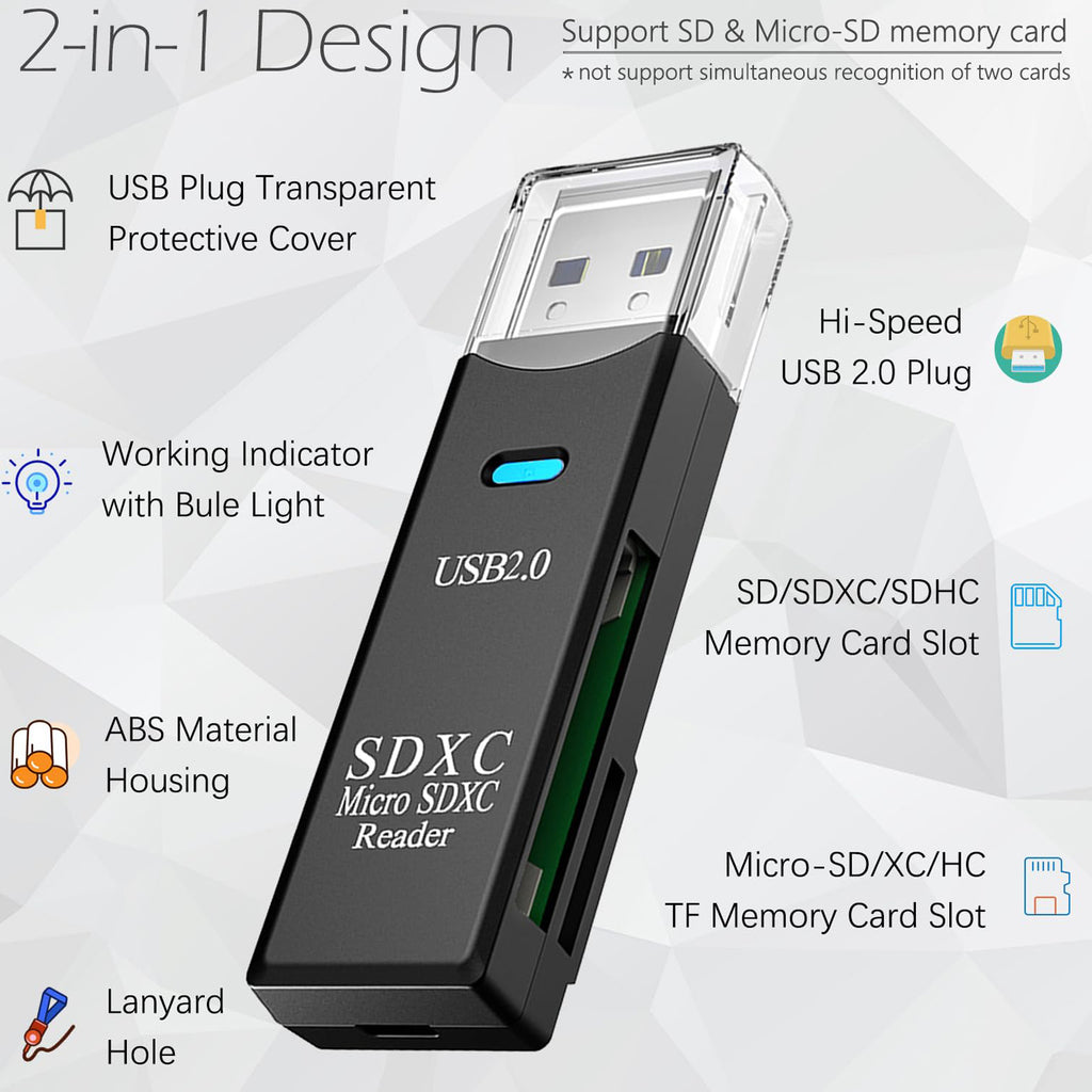 USB SD Card Reader 2 in 1 Dual Slot Flash Memory Adapter Micro SD TF SDHC SDXC USB 2.0 for PC Laptop Desktop Camera Dash Cam Trail Camera
