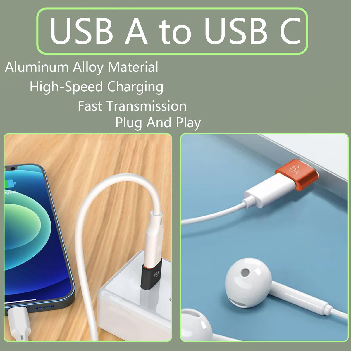 USB to USB C Adapter 6A Fast Charging Type C Female to USB 3.0 A Male Converter 5Gbps Aluminum Connector for Car Charger PC Laptop Wall Charger Power Bank