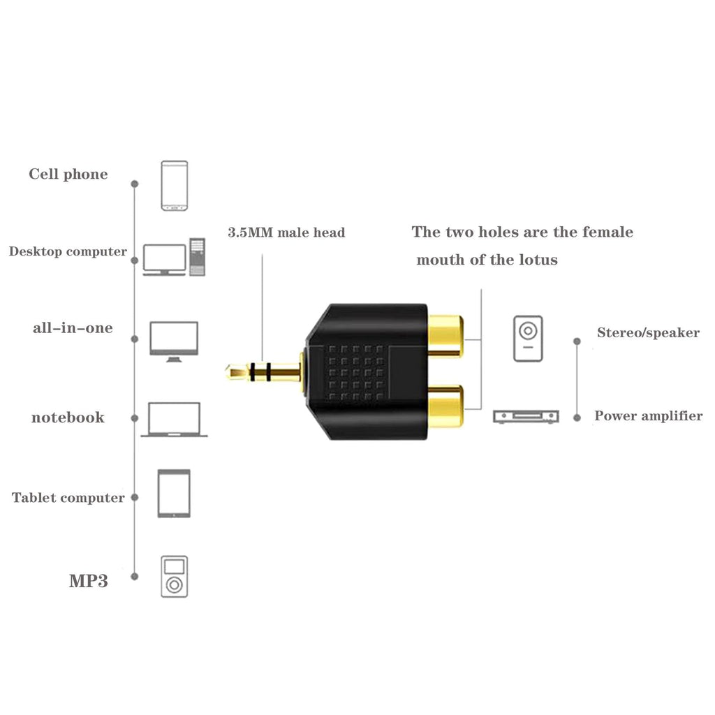3.5mm Male to Dual RCA Female Audio Adapter Gold Plated Stereo Y Splitter Converter for Home Stereo Amplifier Speaker AV Receiver