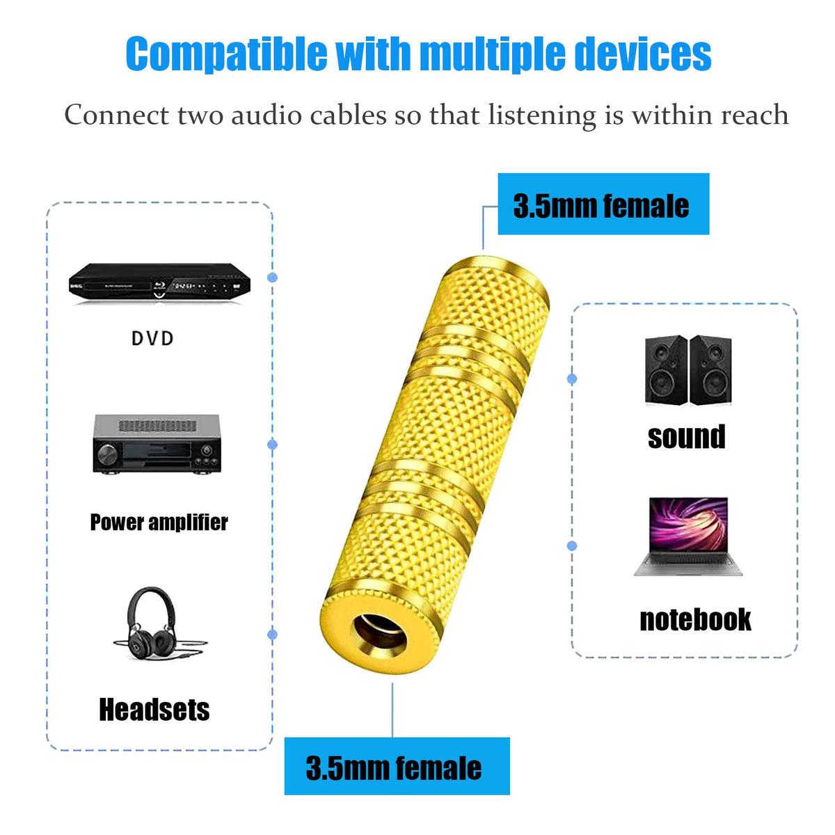 3.5mm Female to Female Stereo Coupler Gold Plated 1/8 Inch TRS AUX Adapter Extend AUX Cables