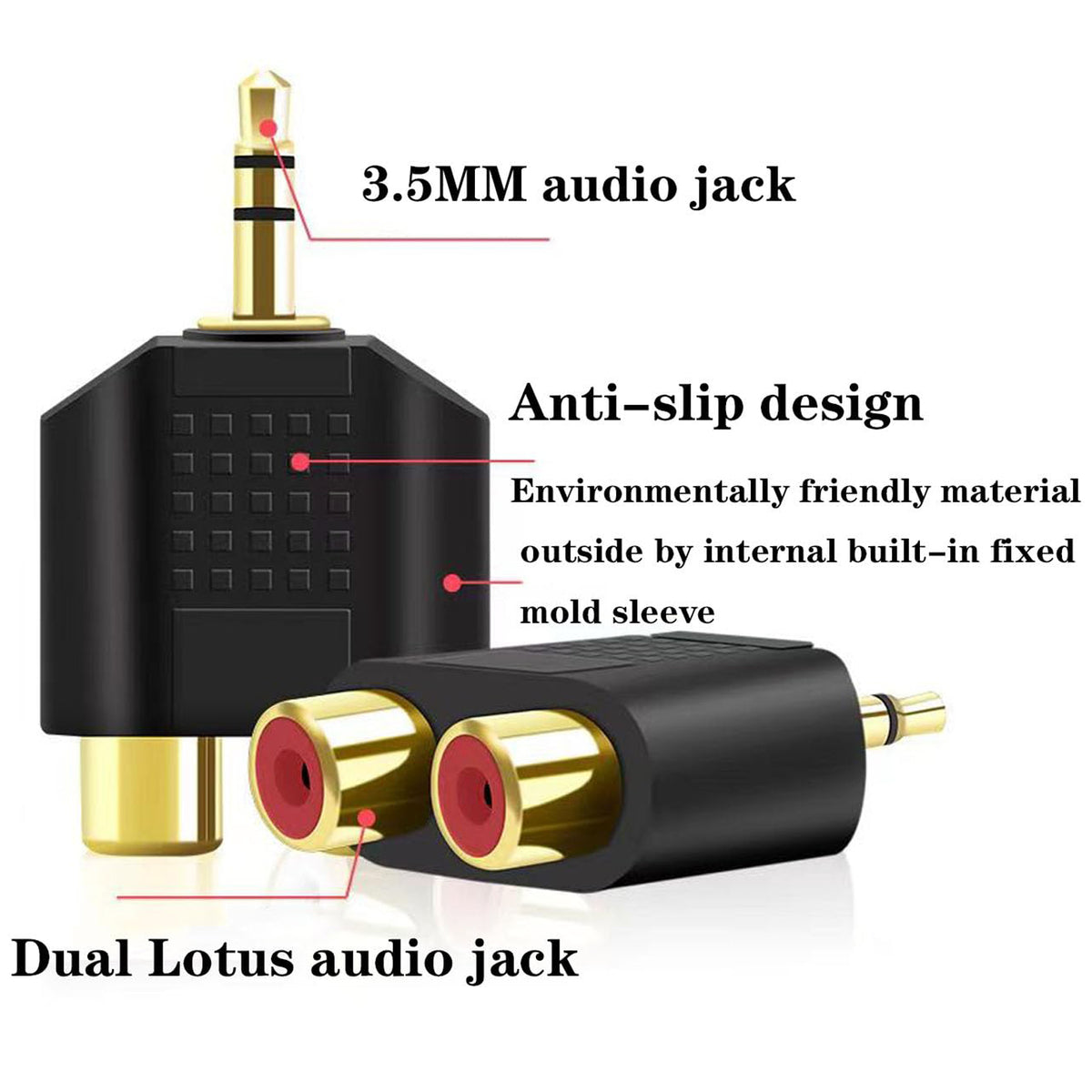 3.5mm Male to Dual RCA Female Audio Adapter Gold Plated Stereo Y Splitter Converter for Home Stereo Amplifier Speaker AV Receiver