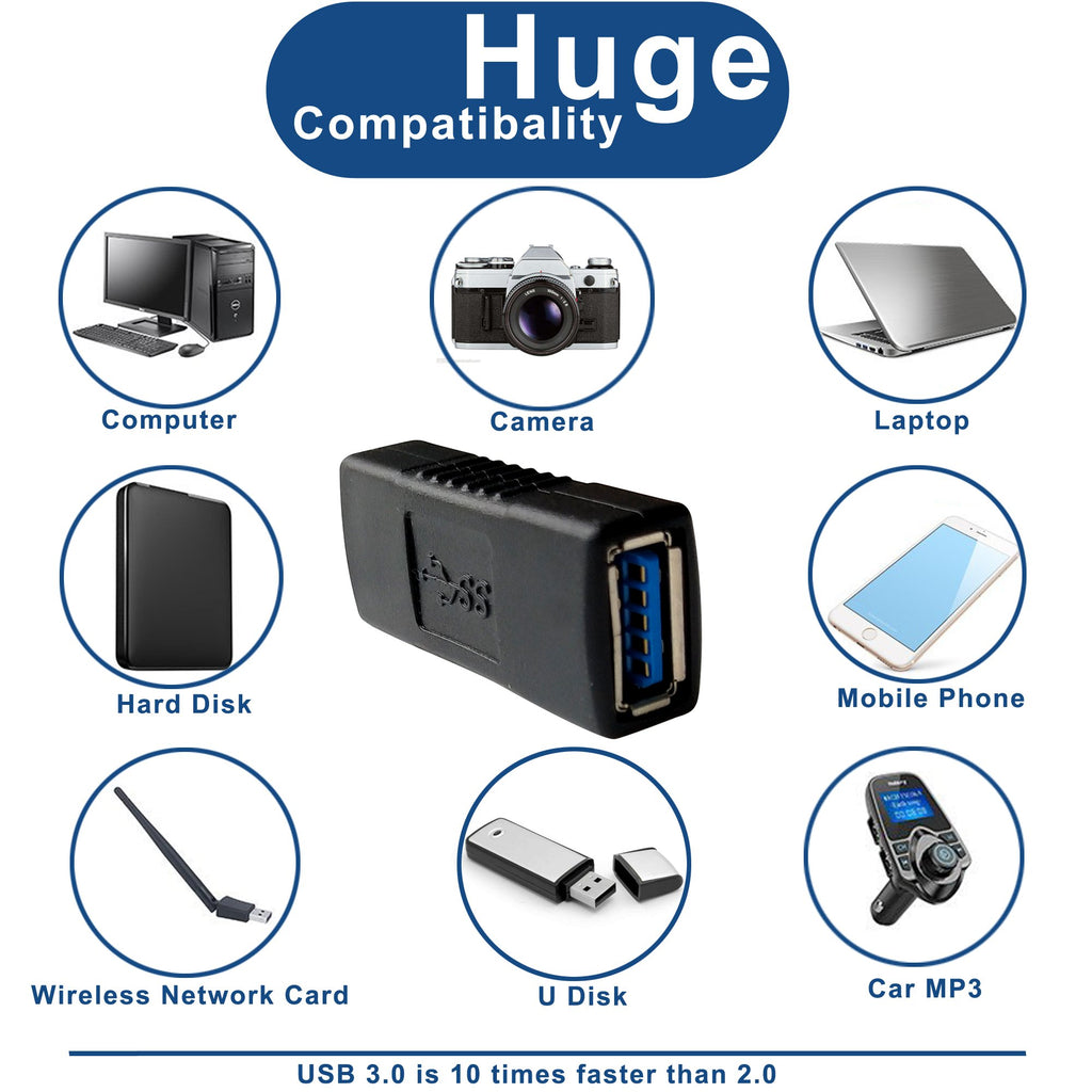 USB 3.0 Female to Female Coupler Adapter USB A to USB A Extension Connector 5Gbps for Hard Drive Flash Drive Keyboard Mouse Cable Extension
