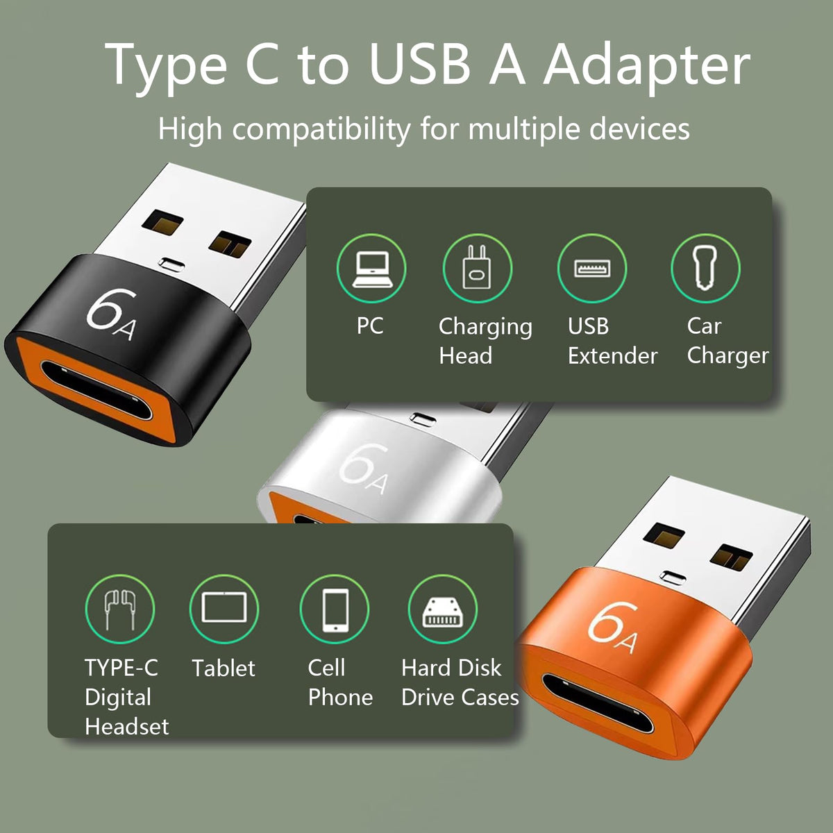 USB to USB C Adapter 6A Fast Charging Type C Female to USB 3.0 A Male Converter 5Gbps Aluminum Connector for Car Charger PC Laptop Wall Charger Power Bank