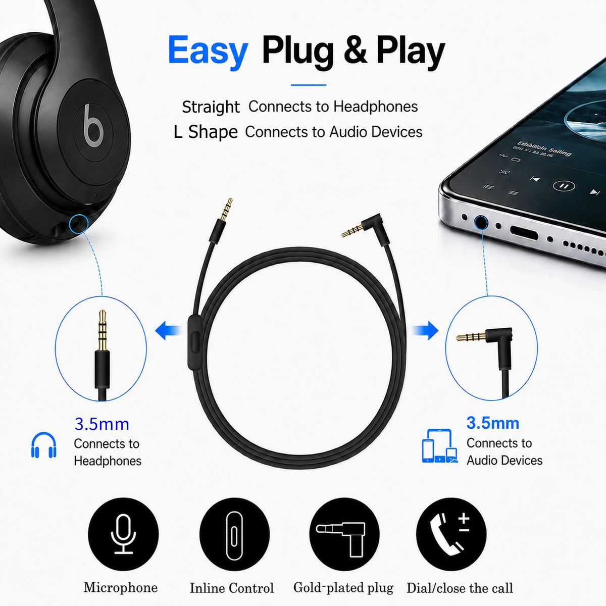 Replacement Audio Cable for Beats Studio Solo Pro Headphones – 1.4m TPU Cord, Inline Mic & Remote, 3.5mm