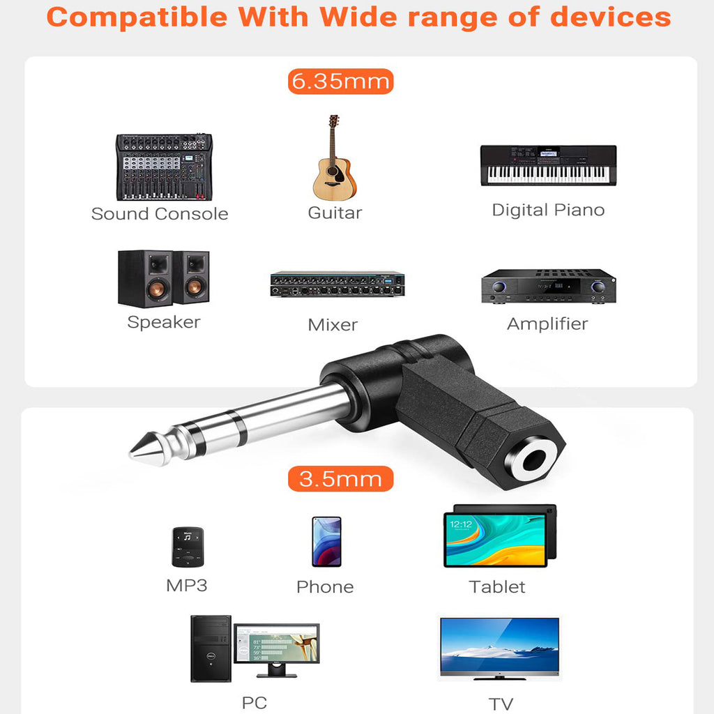 6.35mm to 3.5mm Right Angle Adapter 1/4 Inch TRS Male to 1/8 Inch Female 90 Degree Stereo Audio Converter for Guitar Piano Amplifier Mixer