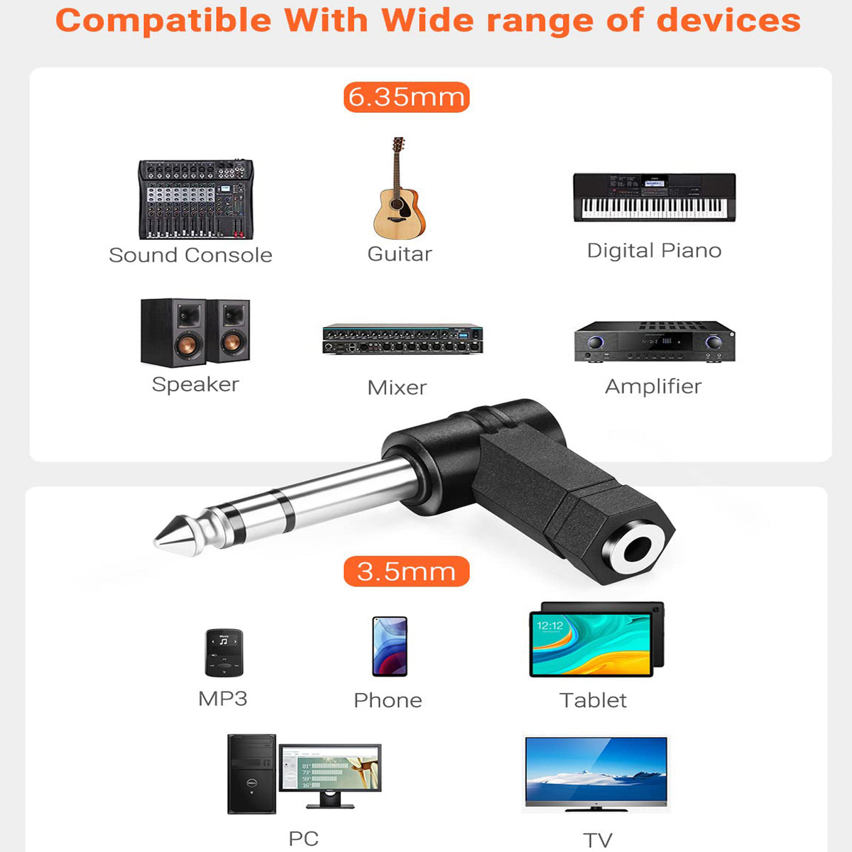 6.35mm to 3.5mm Right Angle Adapter 1/4 Inch TRS Male to 1/8 Inch Female 90 Degree Stereo Audio Converter for Guitar Piano Amplifier Mixer