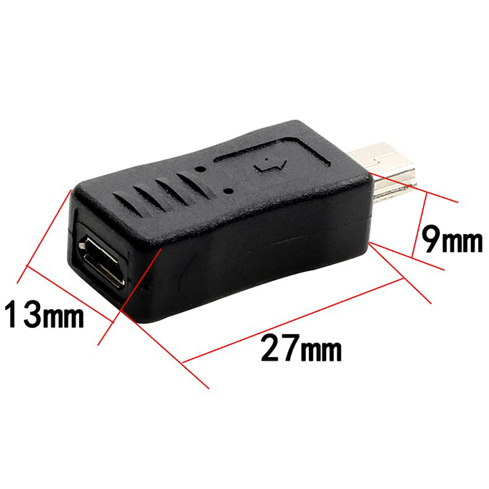 Mini USB Male to Micro USB Female Adapter Connector (Straight / Left-Angle / Right-Angle) for Charging and Data Sync