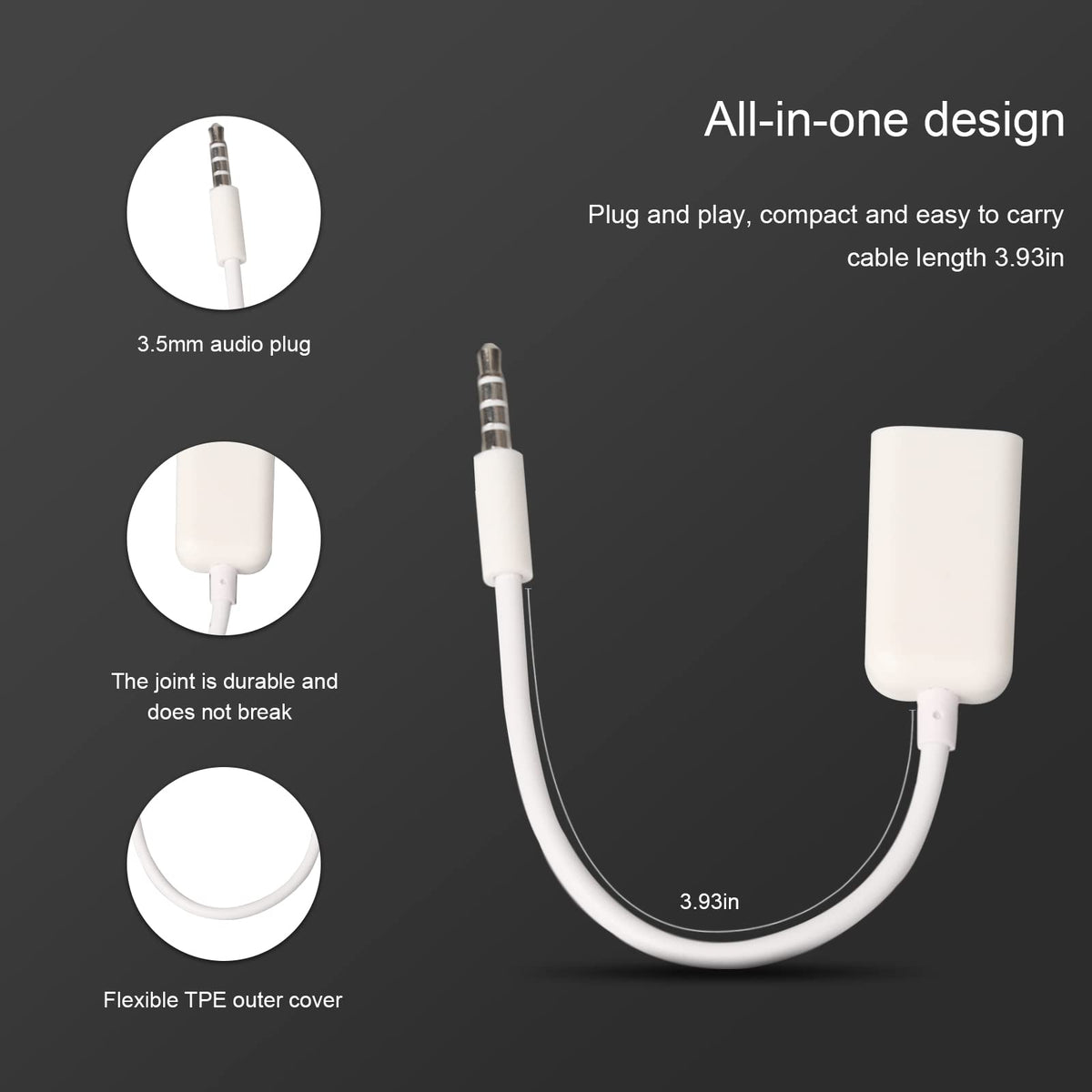 3.5mm AUX to USB 2.0 Adapter for Car MP3 Decoder – 15cm Cable, Play USB Flash Drive Music via Car AUX-IN Port
