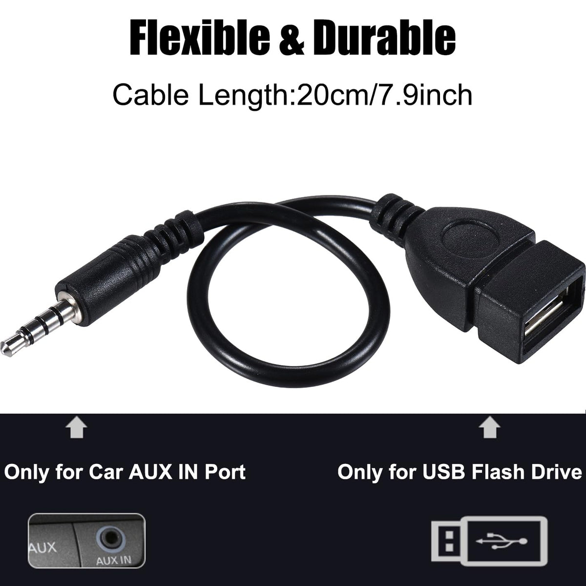 3.5mm AUX to USB Adapter Cable – Play USB Flash Drive Music in Car (Requires AUX Decode Function)
