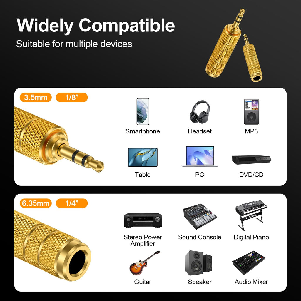 3.5mm Male to 6.35mm Female Stereo Audio Adapter Gold Plated 1/8 Inch to 1/4 Inch TRS Headphone Jack Converter