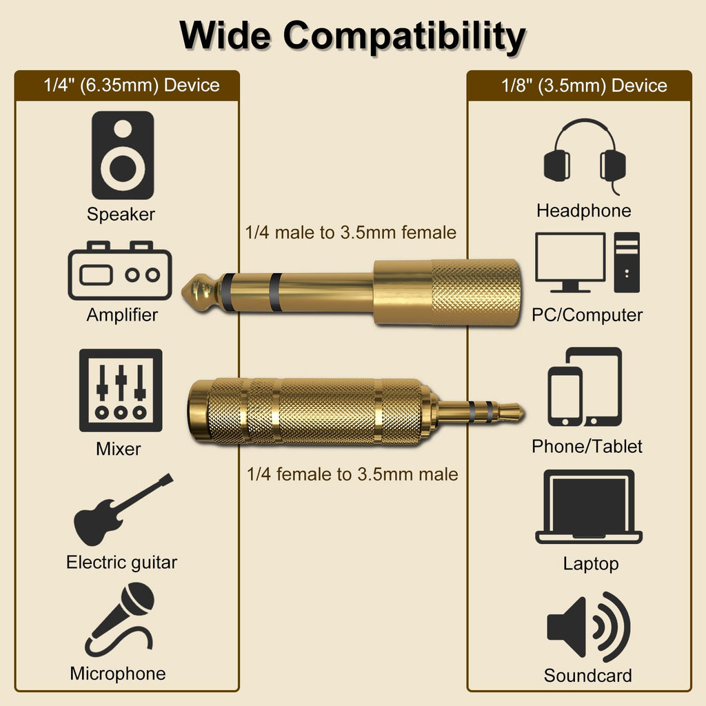 3.5mm 6.35mm Audio Adapter Set 4 Pack Gold Plated 1/8 Inch to 1/4 Inch TRS Stereo Converter for Headphones Amplifiers Mixers