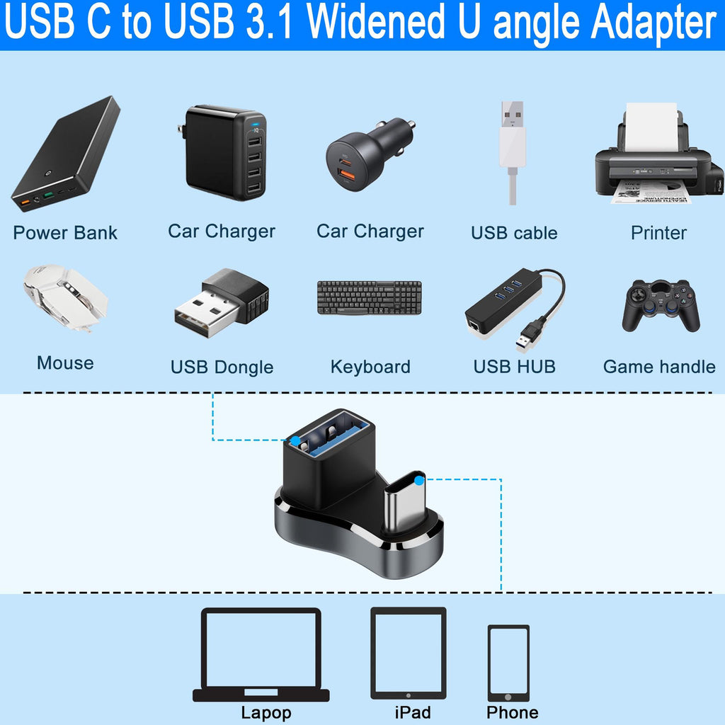 Widened 180 Degree U Shape USB C to USB 3.1 OTG Adapter Type C Male to USB A Female 10Gbps Converter for Steam Deck Switch Laptop Smartphone