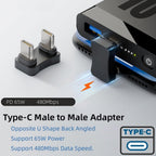 180 Degree USB C Male to Male U Shape Adapter PD 65W Fast Charging 480Mbps Data Coupler Extender Back Angled Type C for Steam Deck Switch iPhone 16 15 PC Laptop