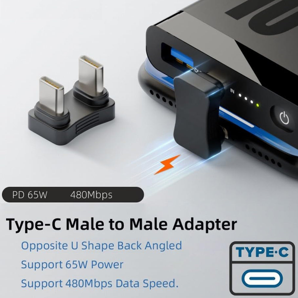 180 Degree USB C Male to Male U Shape Adapter PD 65W Fast Charging 480Mbps Data Coupler Extender Back Angled Type C for Steam Deck Switch iPhone 16 15 PC Laptop