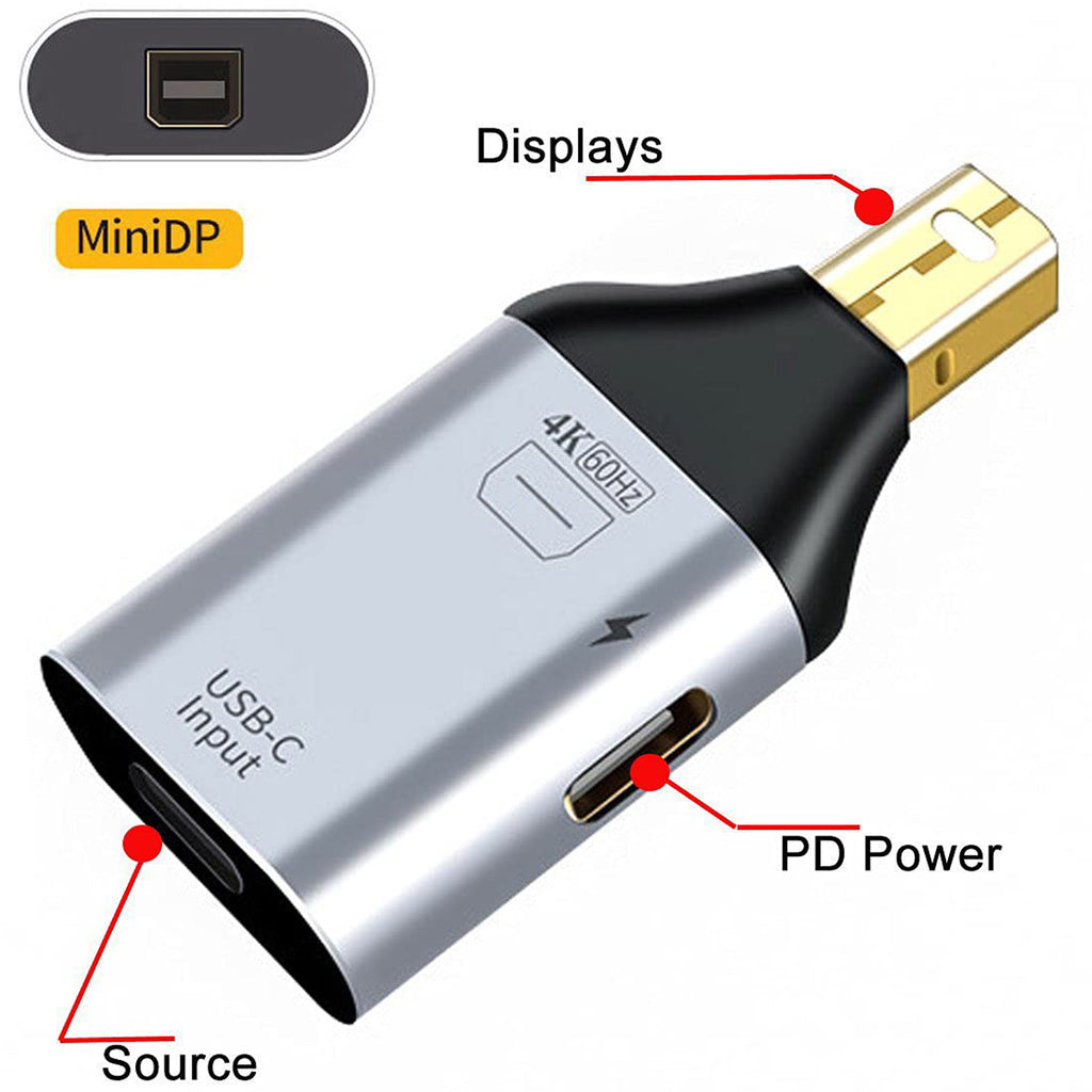 USB C to Mini DisplayPort Adapter 4K 60Hz Type C Female to Mini DP Male Video Converter with PD Charging for MacBook Pro XPS Surface Monitor Projector