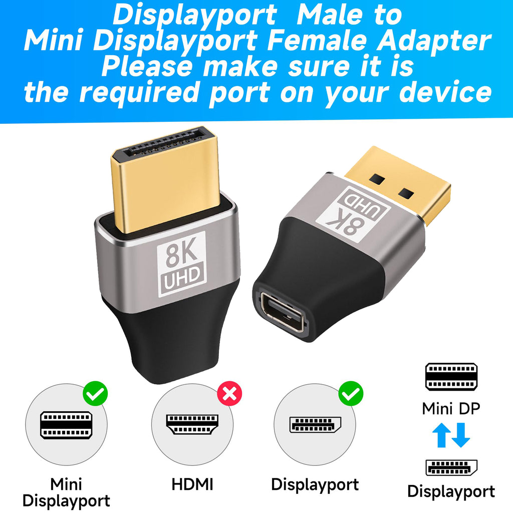 8K DisplayPort 1.4 Male to Mini DisplayPort Female Adapter Bidirectional Mini DP to DP Connector for Thunderbolt 2 Laptop Monitor TV