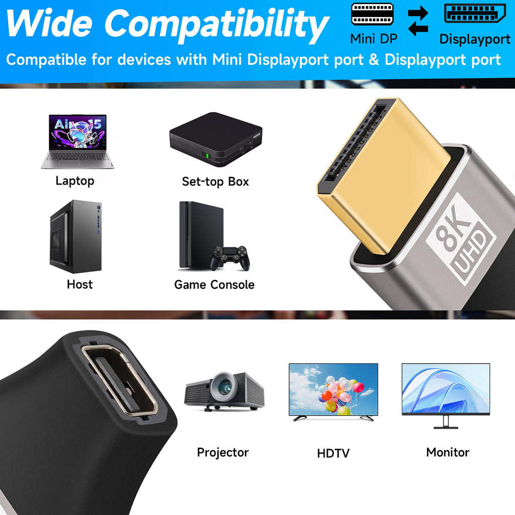 8K DisplayPort 1.4 Male to Mini DisplayPort Female Adapter Bidirectional Mini DP to DP Connector for Thunderbolt 2 Laptop Monitor TV