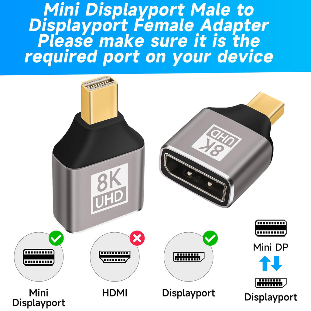 8K Mini DisplayPort 1.4 Male to DisplayPort Female Adapter Bidirectional Mini DP to DP Connector for Thunderbolt 2 Laptop Monitor TV