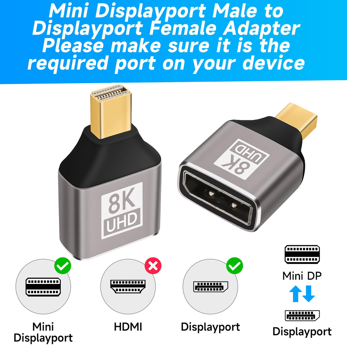 8K Mini DisplayPort 1.4 Male to DisplayPort Female Adapter Bidirectional Mini DP to DP Connector for Thunderbolt 2 Laptop Monitor TV