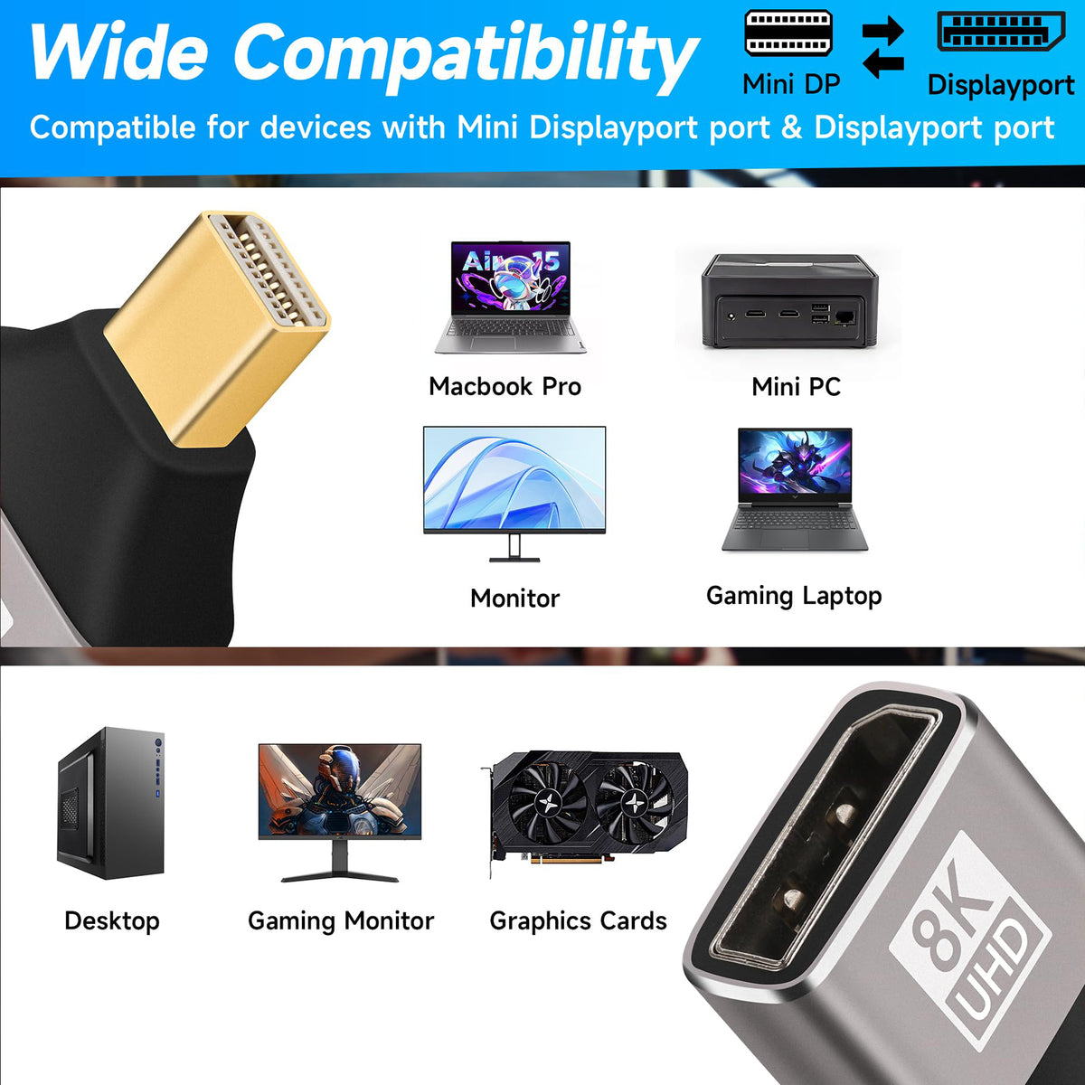8K Mini DisplayPort 1.4 Male to DisplayPort Female Adapter Bidirectional Mini DP to DP Connector for Thunderbolt 2 Laptop Monitor TV