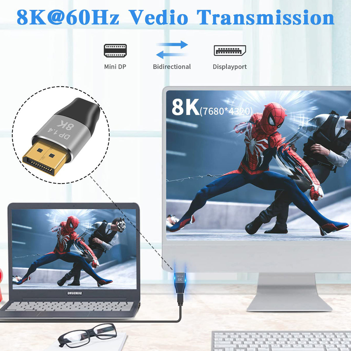 8K Mini DisplayPort Female to DisplayPort Male Adapter DP 1.4 Bidirectional 32.4Gbps 8K 60Hz 4K 144Hz Audio Video Converter