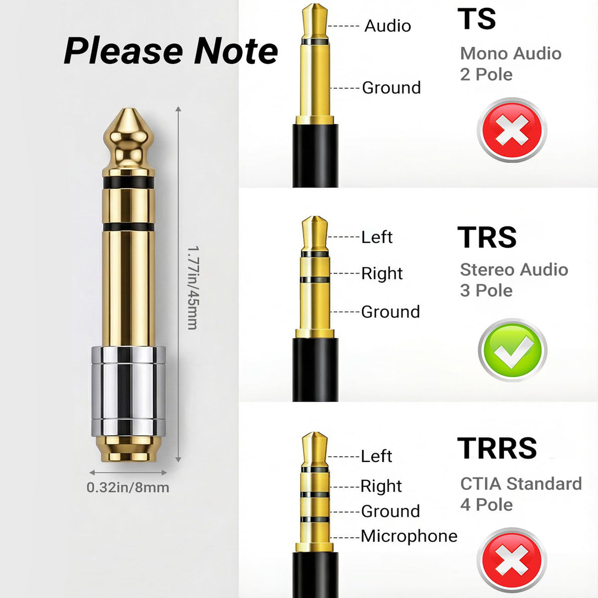 1/4 Male to 1/8 Female Headphone Adapter 6.35mm to 3.5mm Stereo Audio Jack Converter Gold Plated Brass for Amp Digital Piano Mixer Guitar Receiver