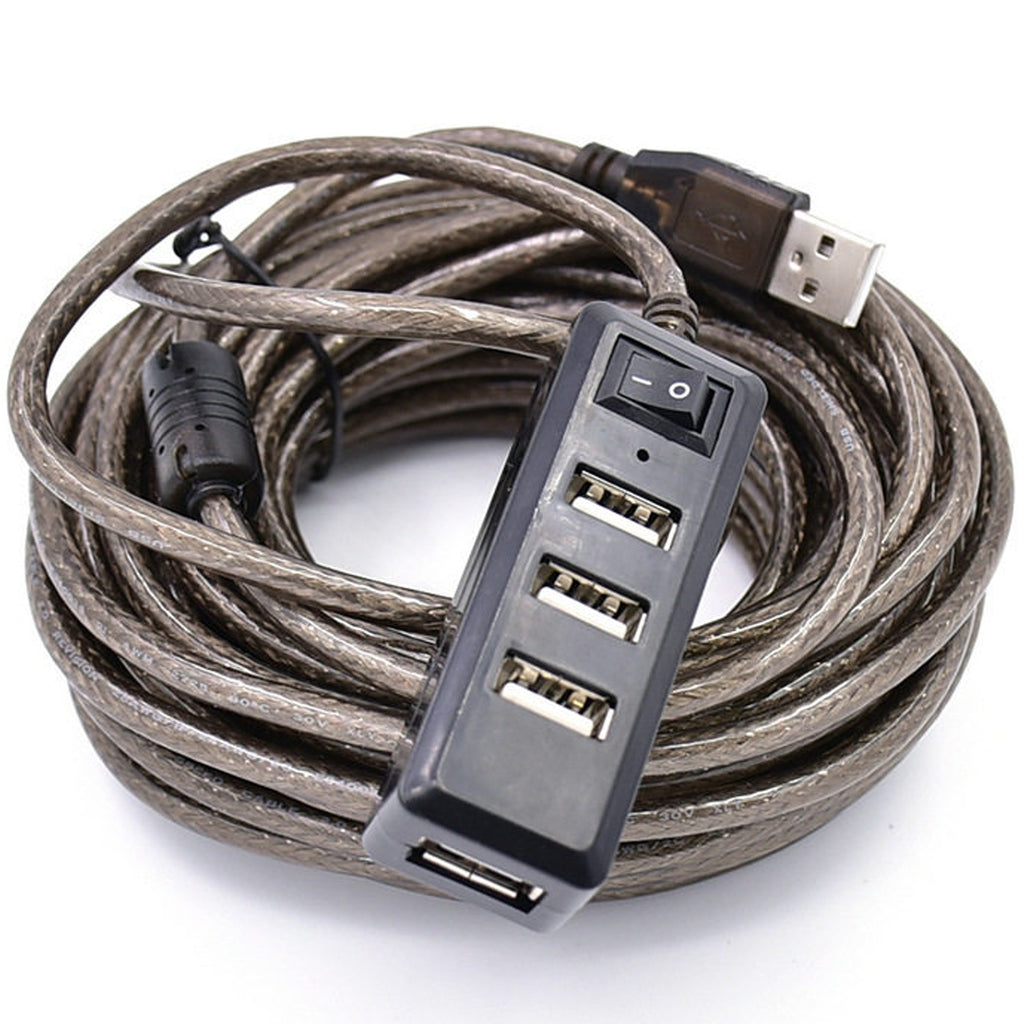 Active USB 2.0 Extension Cable with 4 Port USB Hub Power Switch Long USB Repeater Cord with DC 5V Jack for PC Laptop Printer Webcam Mouse Flash Drive
