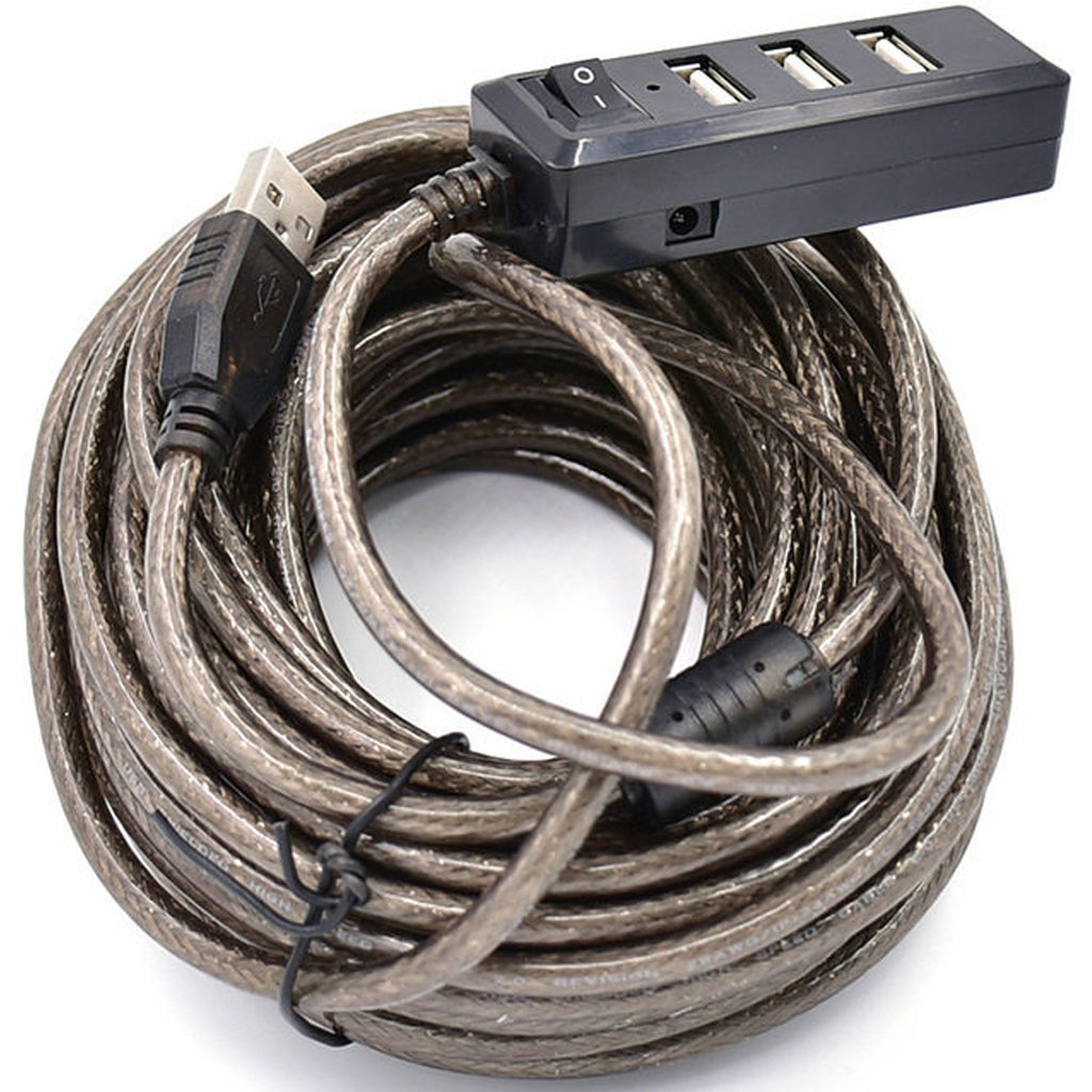 Active USB 2.0 Extension Cable with 4 Port USB Hub Power Switch Long USB Repeater Cord with DC 5V Jack for PC Laptop Printer Webcam Mouse Flash Drive
