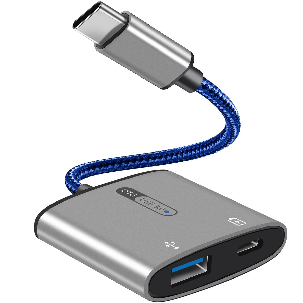 USB-C 2-in-1 OTG Adapter with 60W PD Charging – USB-A 3.0 Aluminum Alloy Nylon Braided 12.5cm for USB-C Devices Black Gray