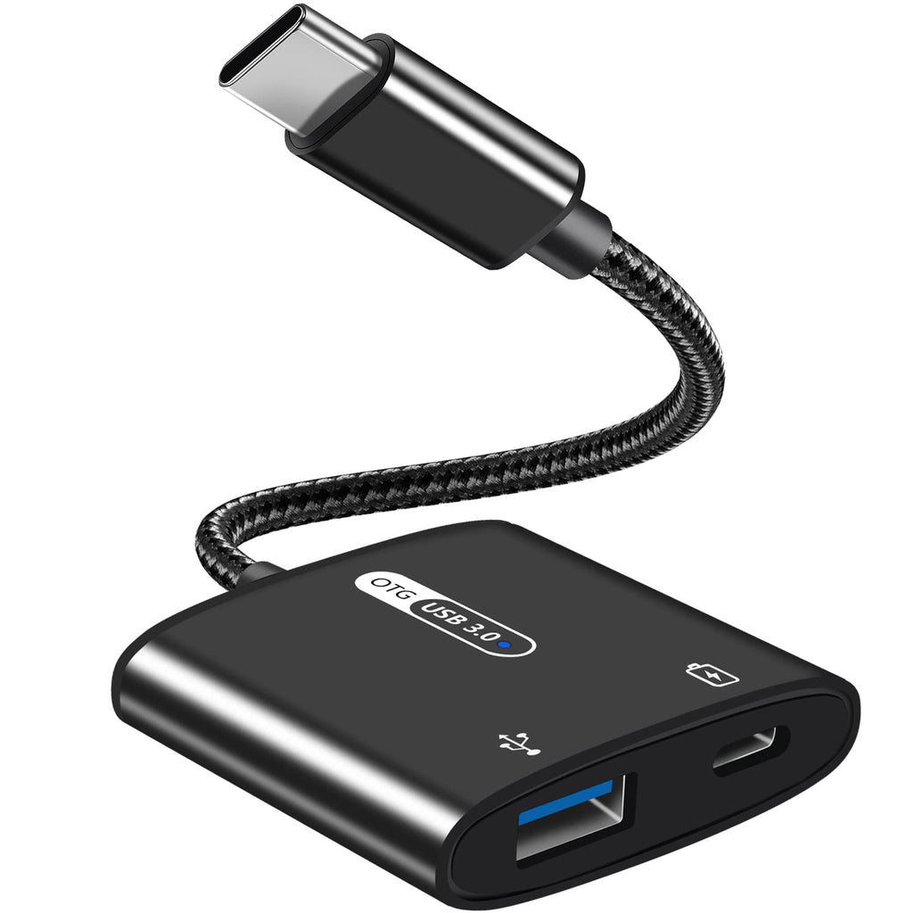 USB-C 2-in-1 OTG Adapter with 60W PD Charging – USB-A 3.0 Aluminum Alloy Nylon Braided 12.5cm for USB-C Devices Black Gray