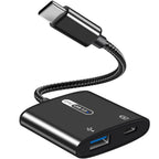 USB-C 2-in-1 OTG Adapter with 60W PD Charging – USB-A 3.0 Aluminum Alloy Nylon Braided 12.5cm for USB-C Devices Black Gray