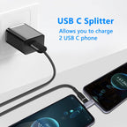 USB-C Female to Dual USB-C Male Splitter Adapter – USB 3.1 Gen 1 Data + Audio + 5V/3A Charging for USB-C Devices