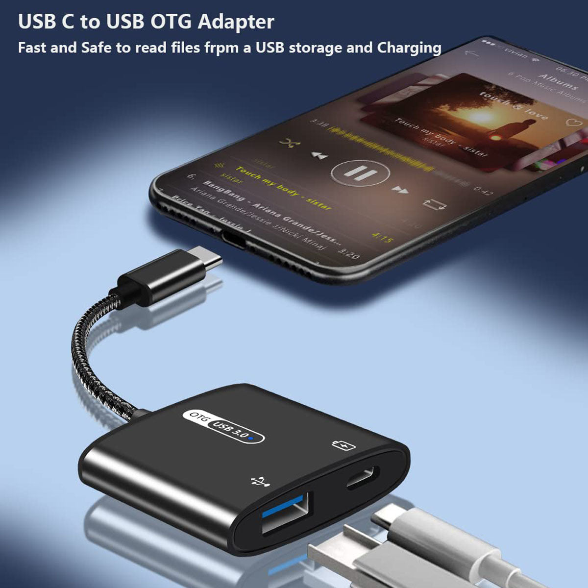 USB-C 2-in-1 OTG Adapter with 60W PD Charging – USB-A 3.0 Aluminum Alloy Nylon Braided 12.5cm for USB-C Devices Black Gray