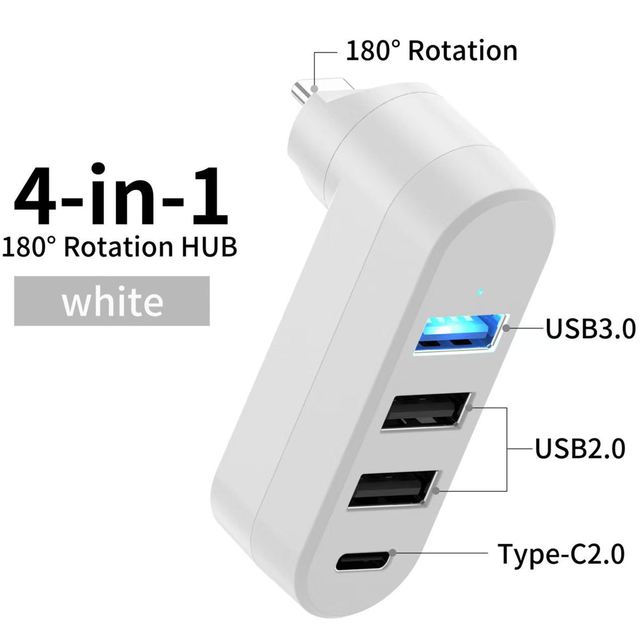 4-Port USB C Hub 90°/180° Degree Rotatable USB C Adapter Splitter with PD-in 5W Port USB Extender for MacBook iMac Surface and More C Port Laptop Not for Car