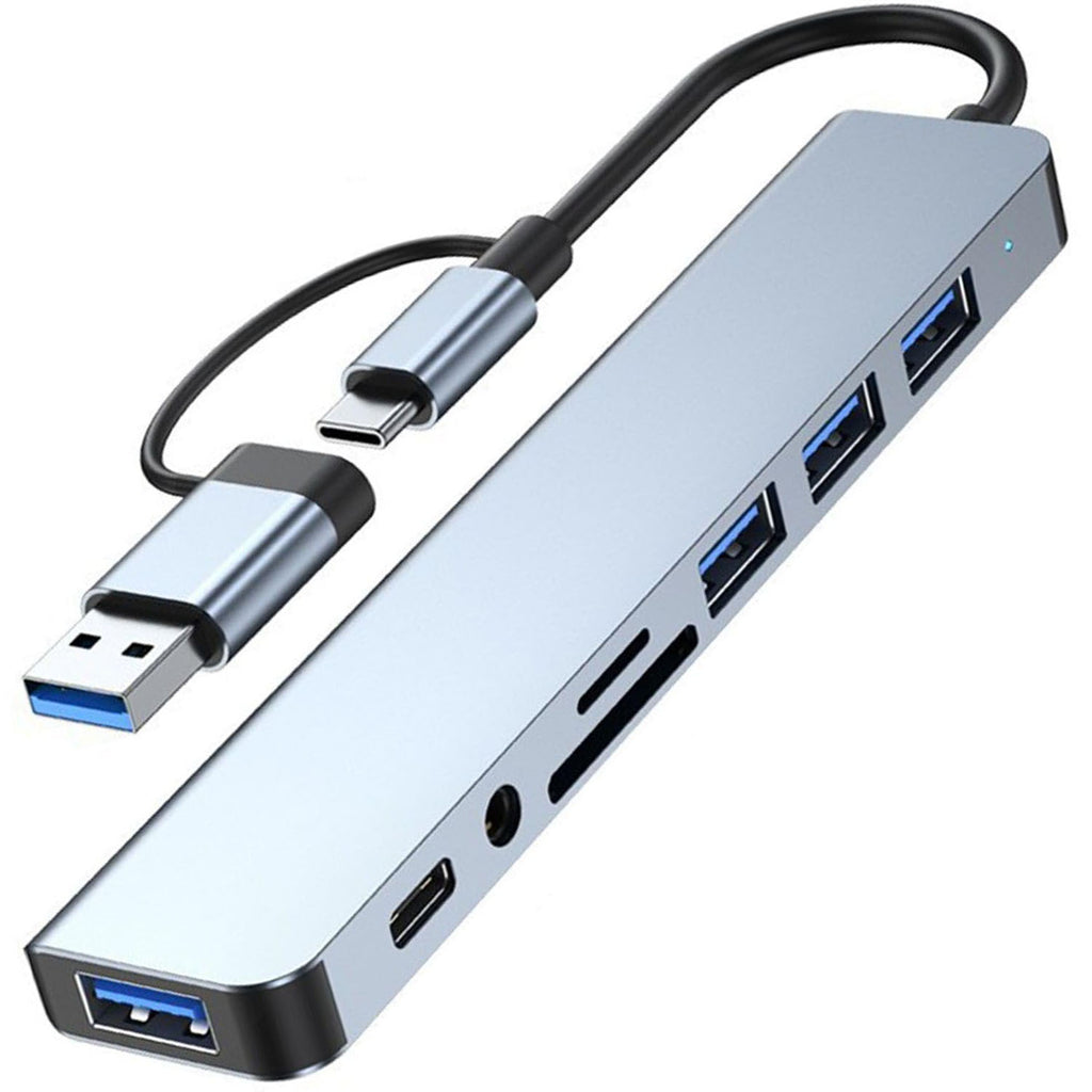 8-in-1 USB Hub Dual Plug USB-A & USB-C – USB 3.0 + USB 2.0 + SD/TF Card Reader + 3.5mm Audio Jack Aluminum for MacBook Laptop PC
