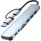 8-in-1 USB Hub Dual Plug USB-A & USB-C – USB 3.0 + USB 2.0 + SD/TF Card Reader + 3.5mm Audio Jack Aluminum for MacBook Laptop PC