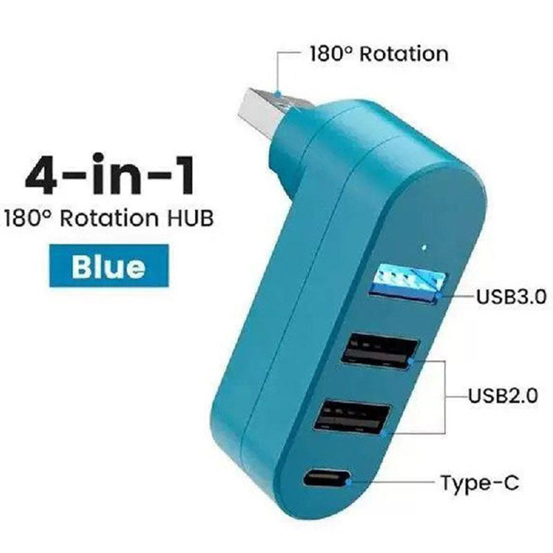 4-Port USB Hub 180° Rotatable – USB 3.0 + USB 2.0 + USB-C Power Input Plug and Play for USB-A Devices Black White Orange Blue