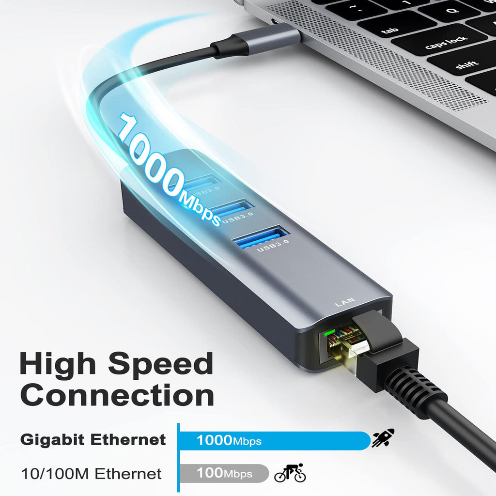 4 in 1 USB C Hub Ethernet Adapter 3 USB 3.0 Ports RJ45 Gigabit LAN Compatible with MacBook Pro MacBook Air Chromebook Dell XPS