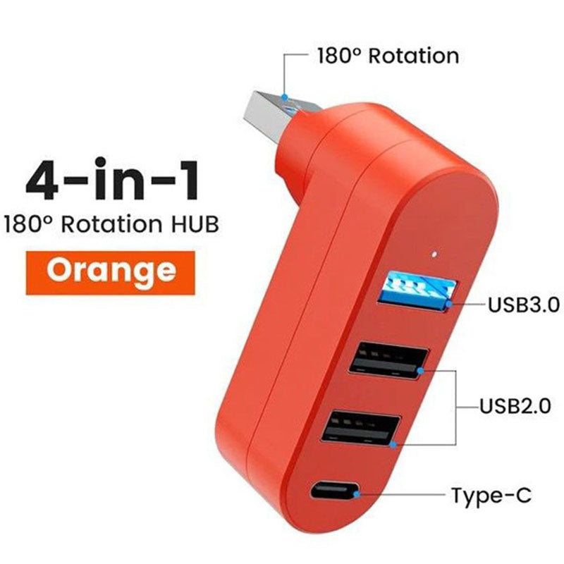 4-Port USB Hub 90°/180° Rotatable – USB 3.0 + USB 2.0 + USB-C Data Port Plug and Play for USB-A Devices Black White Blue Orange