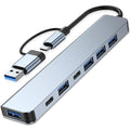 7-in-1 USB Hub Dual Plug USB-A & USB-C – 1×USB 3.0 + 4×USB 2.0 + 2×USB-C Aluminum for MacBook Pro Air iMac Laptop PC PS4