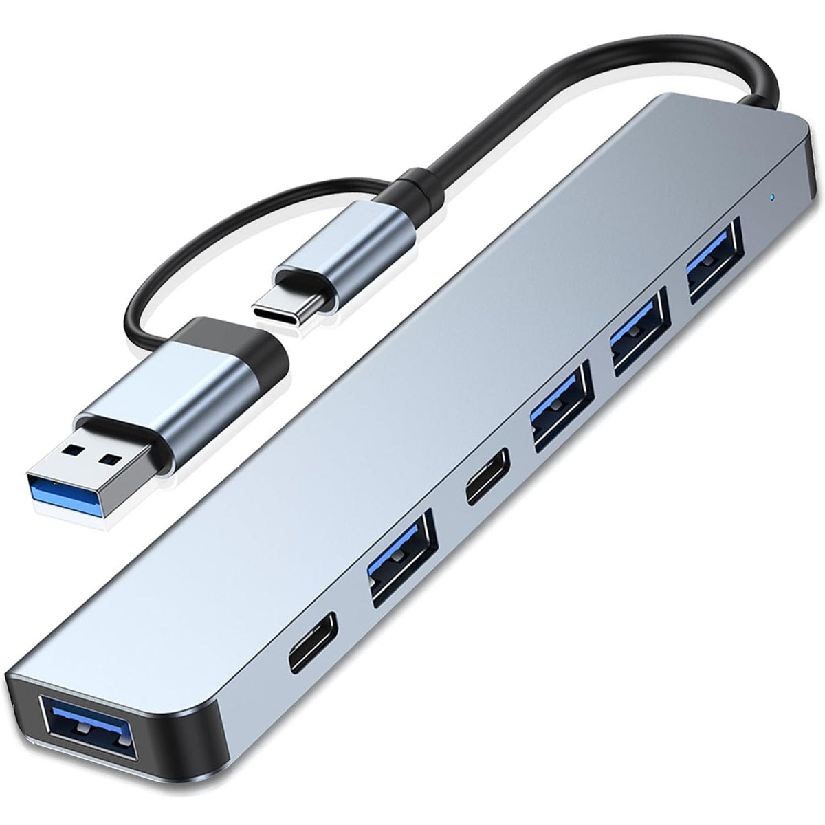 7-in-1 USB Hub Dual Plug USB-A & USB-C – 1×USB 3.0 + 4×USB 2.0 + 2×USB-C Aluminum for MacBook Pro Air iMac Laptop PC PS4
